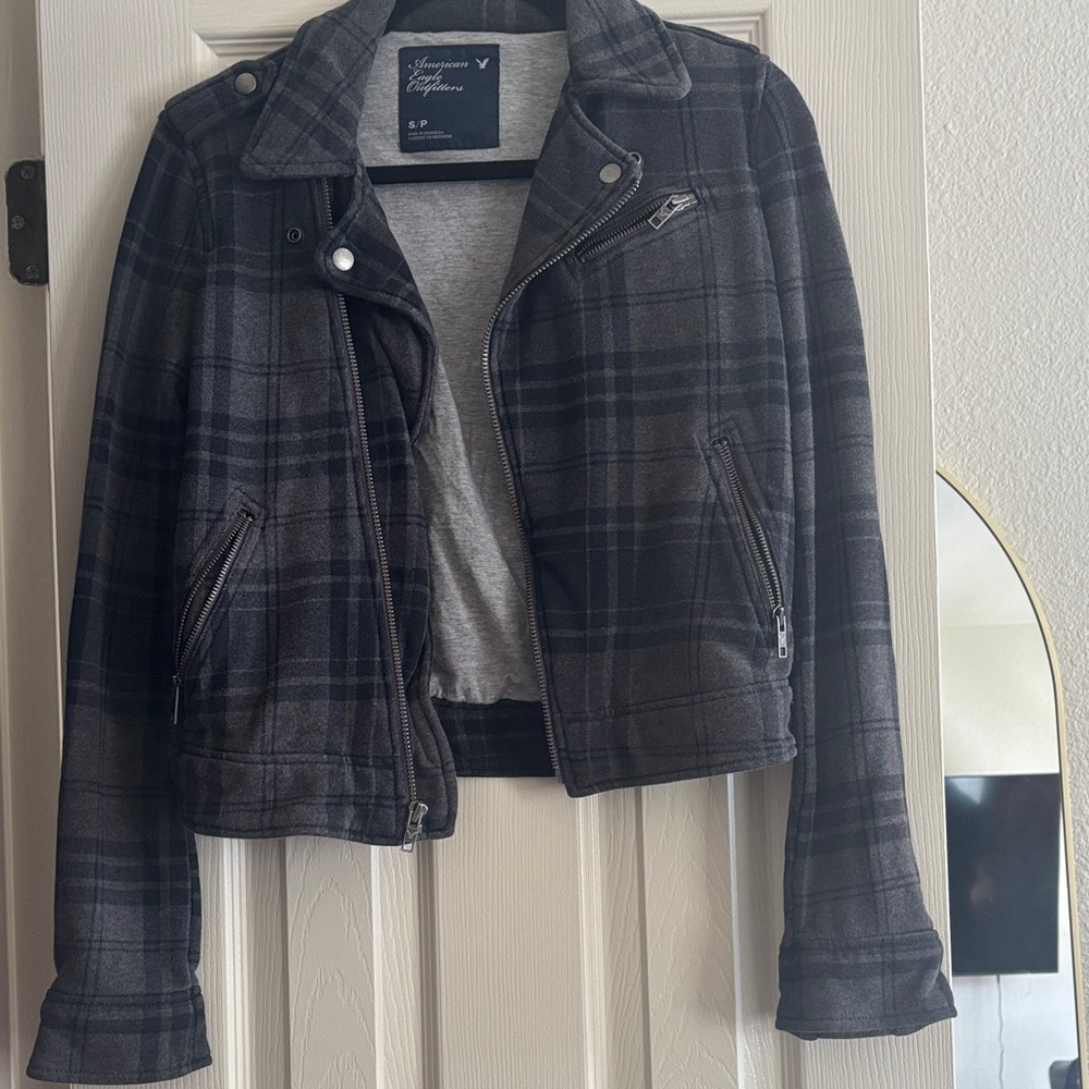 American Eagle Outfitters Gray Plaid Bomber Jacket